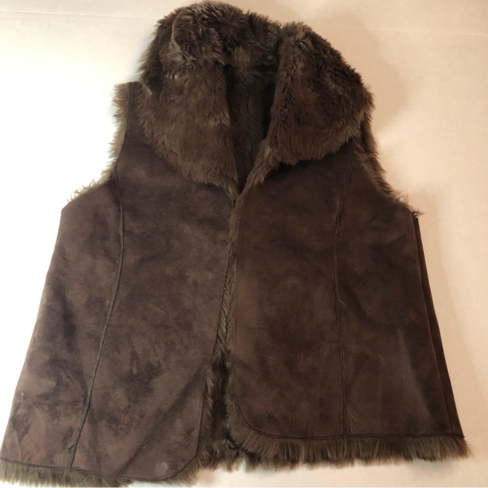 Mixit Brown Faux Suede Faux Fur Lined Vest Boho Cowgirl Women’s Medium Vegan